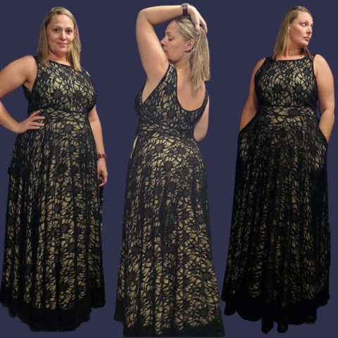 woman wearing maxi dress with black lace overlay, three different views.