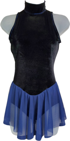 Black velvet figure skating skirt with blue skirt