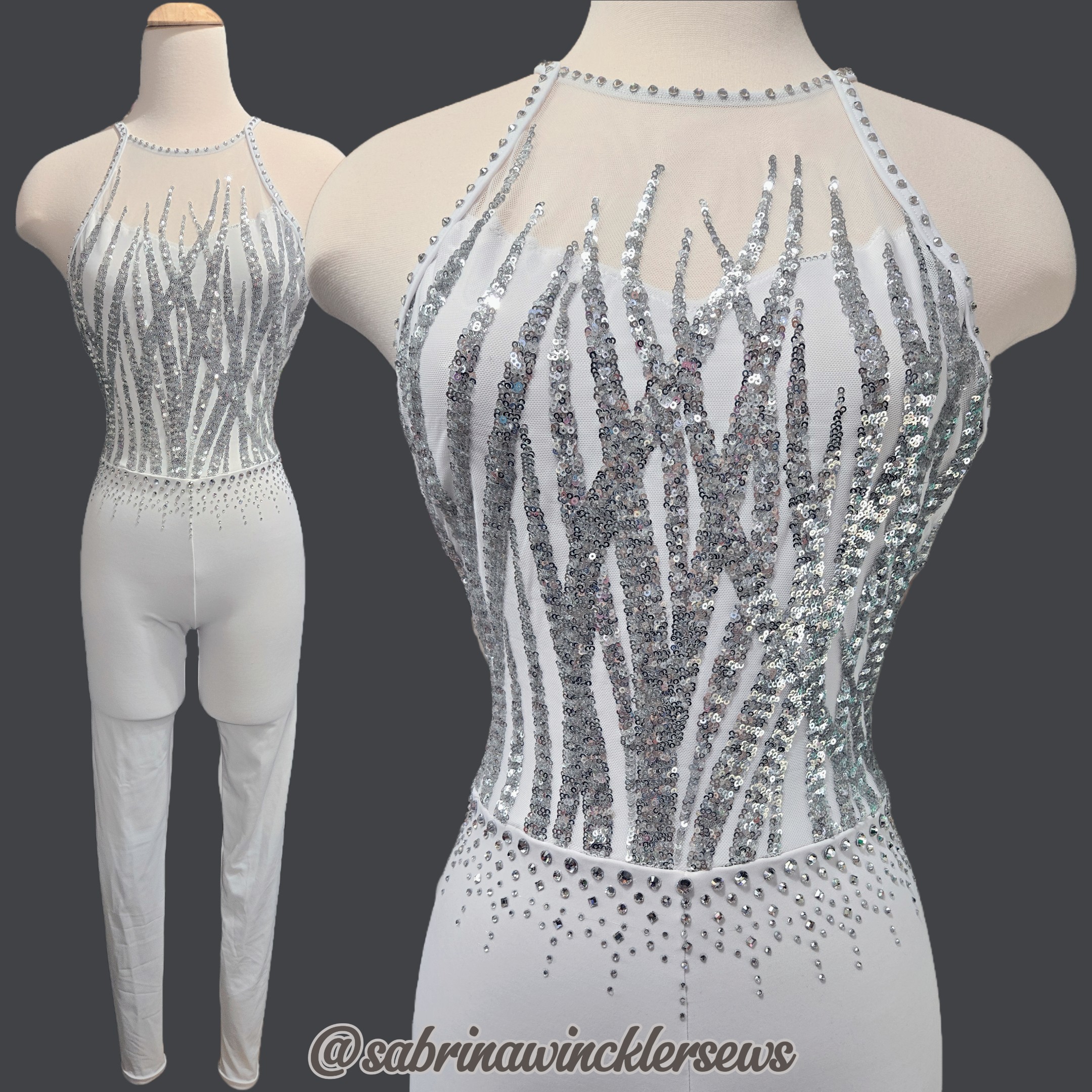 white figure skating unitard with silver sequined bodice