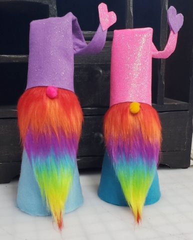 Rainbow colored crafted gnomes