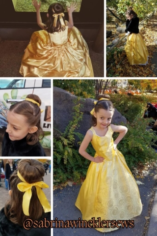 Photo collage of a girl wearing a "Belle" themed costume.