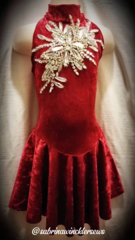 Red Velvet Figure Skating Dress with Rhinestone Applique