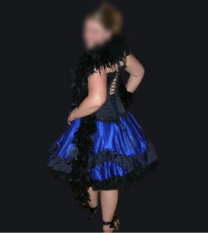 Back view of purple and black saloon girl costume