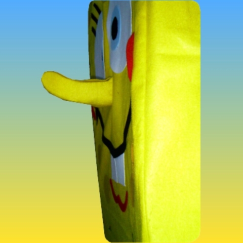 Side view of sponge bob costume showing 3D nose.