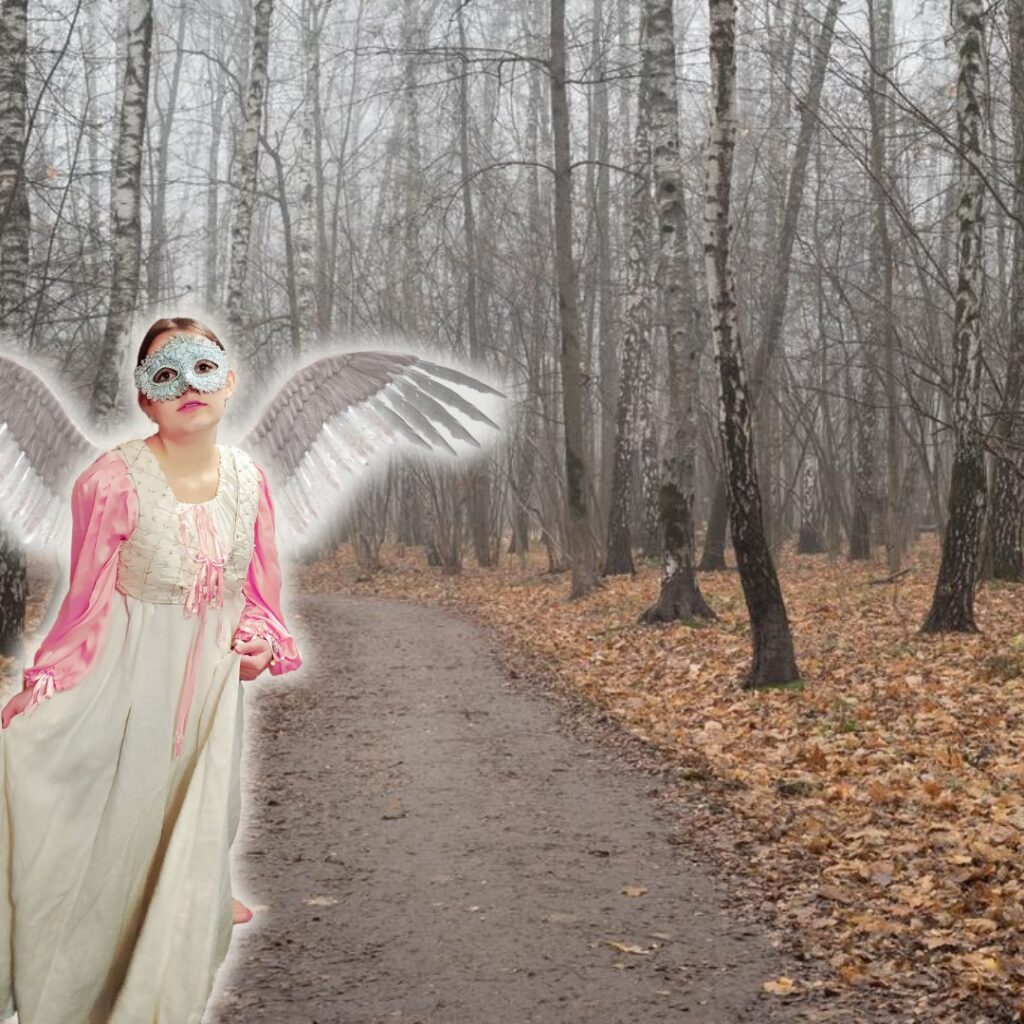 Girl wearing Renaissance dress costume with wings